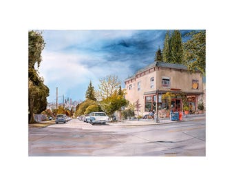 City Painting Watercolor Seattle Wallingford Neighborhood Coffee Shop Art
