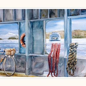 May include: A watercolor painting of a bicycle on a ferry with a view of a larger ferry in the distance. The smaller ferry has a life preserver hanging on the side and a few ropes hanging from the railing. The larger ferry is in the water with a mountain range in the background.