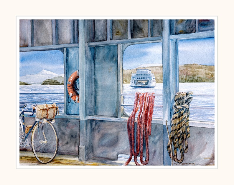 May include: A watercolor painting of a bicycle on a ferry with a view of a larger ferry in the distance. The smaller ferry has a life preserver hanging on the side and a few ropes hanging from the railing. The larger ferry is in the water with a mountain range in the background.