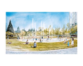 Olympia Capitol Watercolor Painting Heritage Park Fountain Pacific Northwest Art