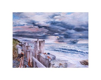 Beach Painting Watercolor Surf Pilings Stormy Weather