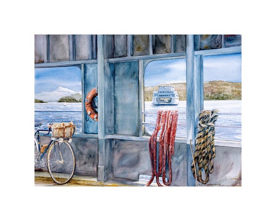 Ferry Boat Painting Watercolor San Juan Islands Mount Baker View