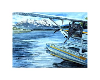 Float Plane Painting Watercolor Lake Cushman Olympic Mountains