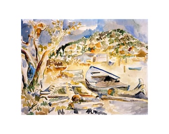 Beach Painting Watercolor Boat Impressionist Art Chucaknut Bay