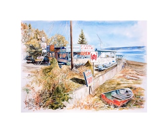 Hood Canal Watercolor Painting Old Diner Shrimp Shack US Route 101 Hoodsport