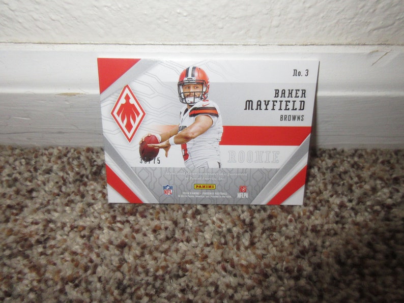 2018 Panini Phoenix Football Baker Mayfield Game Used Jersey Purple Refractor Rookie Card #3 Numbered 3575 Cleveland Browns