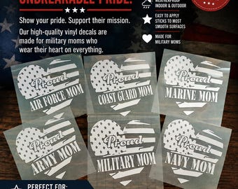 Proud Military Mom Vinyl Decal: Army, Navy, Air Force, Marines, Coast Guard