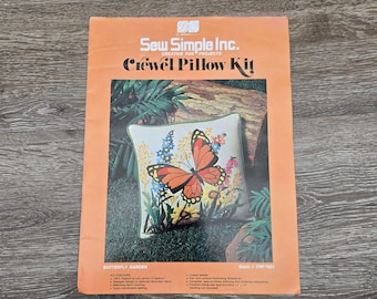 Vintage Crewel Pillow Kit Butterfly Garden Sew Simple Inc Stamped Embroidery DIY Hand Needlework Craft Kit Monarch Flowers Retro 1970s