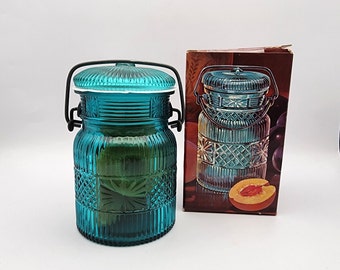 Vintage 1970s Avon Country Peaches Soap Jar with Original Box, Turquoise Blue Glass Mason Jar with Wire Bail Handle
