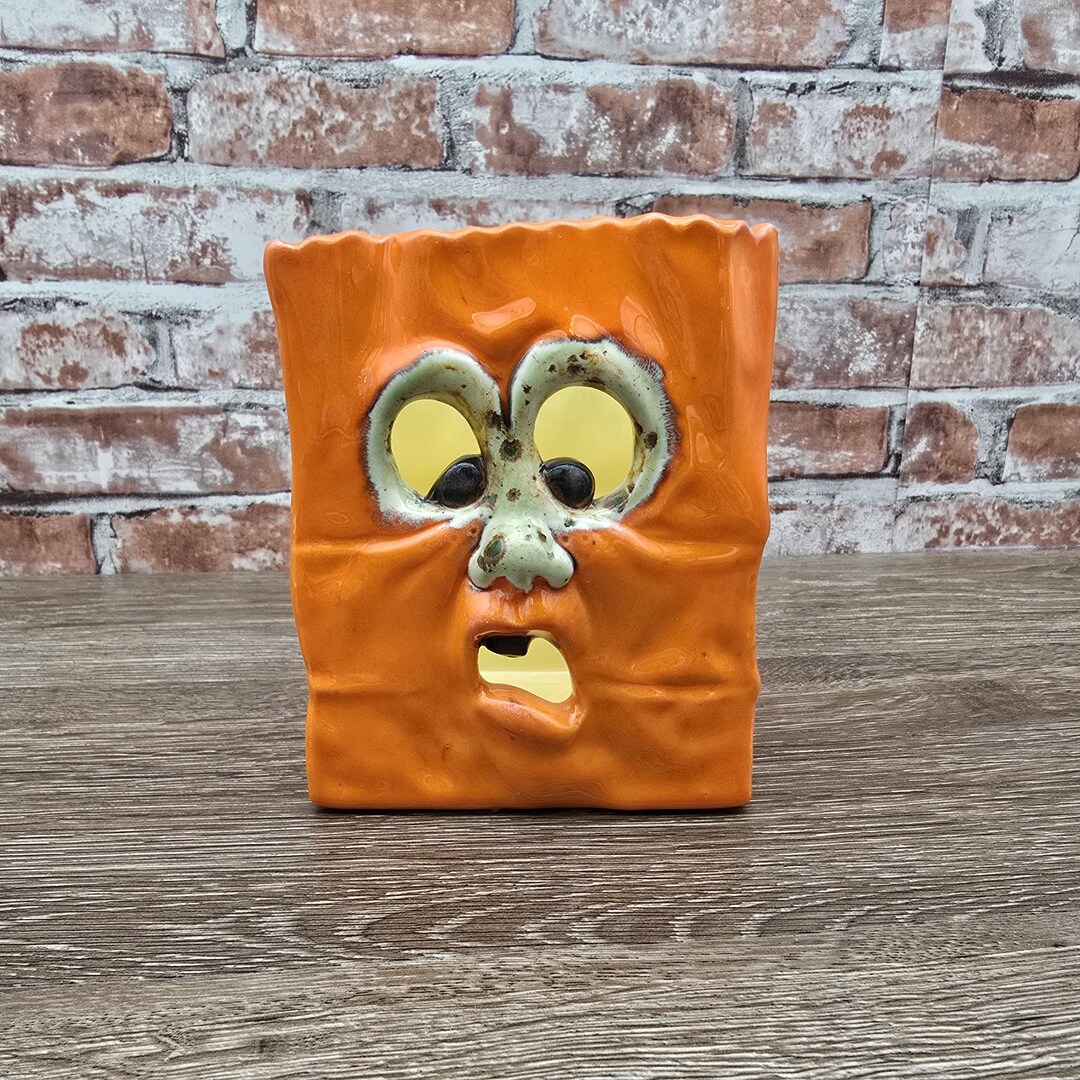 Vintage Ceramic Halloween Bag Luminary, Jack O Lantern Votive Candle ...