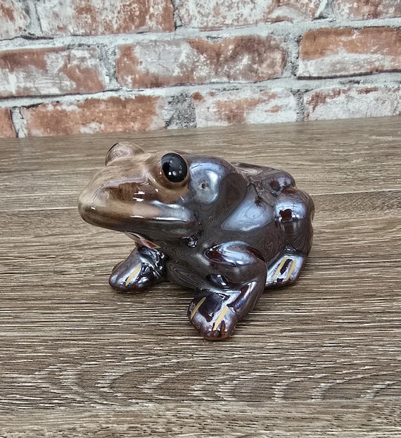 Vintage Brinn's Japan Redware Frog Bank - 1970s Brown Glaze