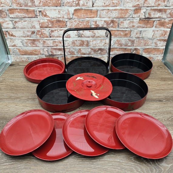 Yamanaka Vintage Japanese Lacquerware Serving Set / Red & Black Tiered Bento Box with Matching Plates / Mid-Century Modern Asian Home Decor