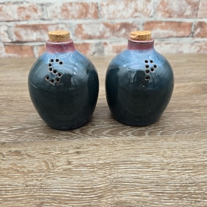 May include: A pair of ceramic salt and pepper shakers. Each shaker is a rounded, dark blue-green with a blue top and a red-purple rim. The shakers have a cork stopper and a series of holes for dispensing. The shakers are on a wooden surface.