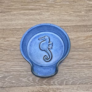 Handmade Ceramic Seahorse Spoon Rest / Ocean Blue Glazed Stoneware Dish / Cape Fear NC Art Pottery Signed Ann York