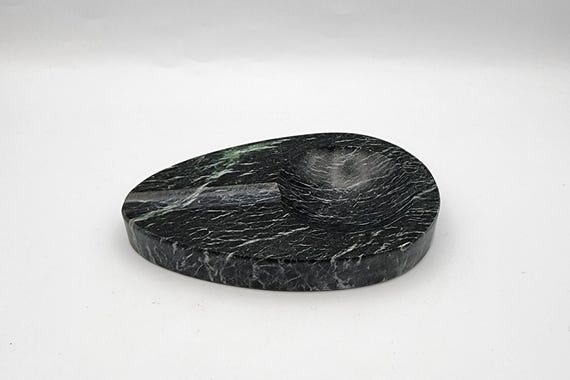 Vintage Green Italian Marble Ashtray / Mid Century Heavyweight Stone Cigar Rest / Verde Indio Marble Catchall Tray