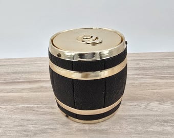 Vintage 1960s Barrel Humidor / Mid Century Black & Brass Tobacco Jar / Retro Barware and Tobacciana Decor