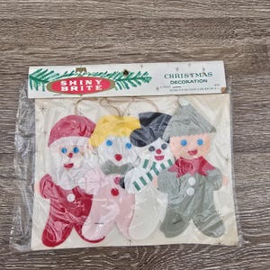 Vintage Shiny Brite Felt Christmas Ornaments Set of 4 / Made in Japan / Retro Mid Century Kitsch / Santa Snowman Angel Elf / New Old Stock