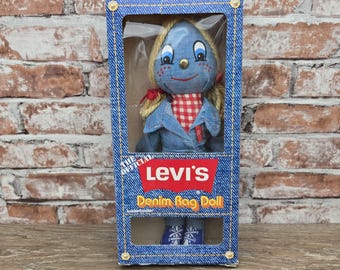 Vintage 1973 Knickerbocker Levis Denim Rag Doll In Original Box Levi Strauss Advertising Toy Collectible Jean Doll Rare Mid Century Plush