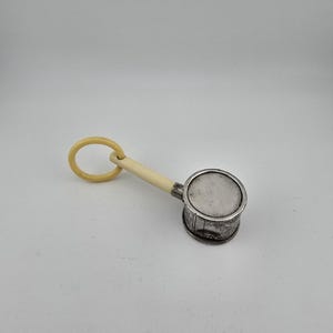 Webster Co Sterling Silver Antique Baby Rattle, Goldilocks and 3 Bears Drum Rattle, Vintage Silver Teething Toy, Engraved Heirloom Gift