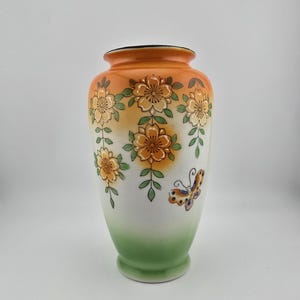 Made in Japan vase / Orange White Green / Flowers Butterfly