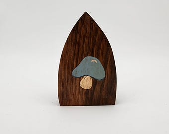 70s Retro Wooden Recipe Holder with Blue Mushroom - Mid Century Kitchen Organization - Rustic Farmhouse Decor