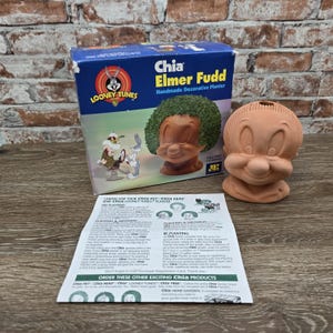 May include: A terracotta Elmer Fudd Chia Pet planter, a blue cardboard box featuring the Looney Tunes logo and an image of the character with green sprouts, and a white instructional paper sheet with black text and small illustrations.