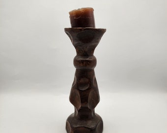 Vintage Spanish Hand Carved Wooden Candle Holder | Made in Spain 1970s Rustic Folk Art Dark Wood Pillar Candle Stand | Mediterranean Decor