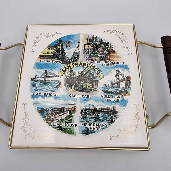 Vintage San Francisco Ceramic Tile Trivet with Brass Carrier and Wood Handles / SNCO Imports Souvenir Serving Tray / Mid Century California