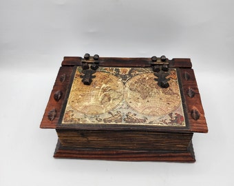 Spanish carved wooden book shaped box with old map / 1970's kitsch