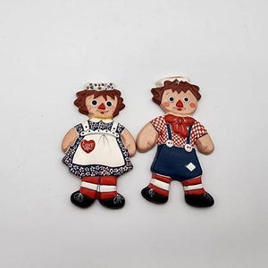 Vintage 1974 Raggedy Ann and Andy Ceramic Ornaments Set, Retro Hand Painted Holiday Christmas Decor, Sold AS IS Damaged and Corrected