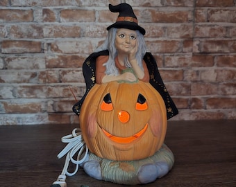 Light Up Hand-Painted Ceramic Witch on Jack-O'-Lantern with Base / Halloween kitsch