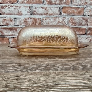 Jeanette carnival glass butter dish Floragold Louisa pattern