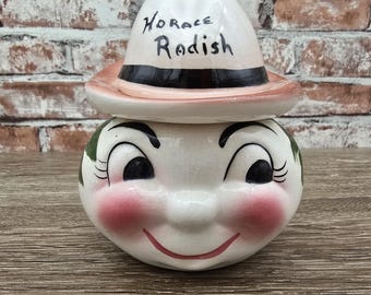 Vintage DeForest of California Horace Radish Condiment Jar, 1950s Anthropomorphic Ceramic Face Jar, Pixieware Style Kitchen Kitschy Decor