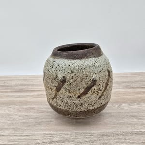 May include: A speckled ceramic vase with a wide, rounded body and a dark brown rim. The vase has a textured, light gray surface with dark brown diagonal markings. The base is a darker shade of brown.