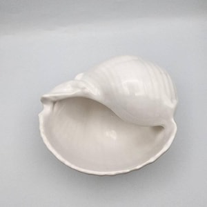 May include: A white ceramic decorative bowl shaped like a conch shell. The object features a smooth, glossy finish with a wide, open interior cavity and a curved, spiraled exterior structure that mimics the natural form of a seashell.