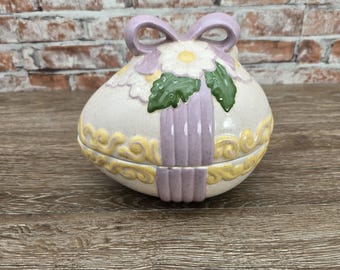 Vintage Ceramic Easter Egg Trinket Box / Hand-Painted Daisy and Purple Bow Candy Dish / 1970's Spring Decor