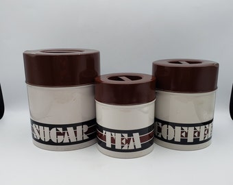 Vintage Holt Howard 3 Piece Tin Canister Set with Original Japan Foil Stickers - MCM Kitsch Kitchen Decor - 1970s Nesting Tins