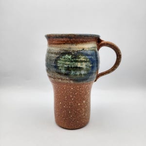 Vintage Helen Stanley Studio Pottery Mug, Signed New Brunswick Hand Thrown Stoneware Coffee Cup, Blue & Brown Glaze Branching Tree Motif