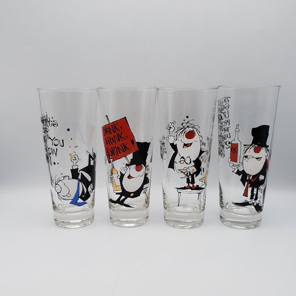 Highball glasses with drunk men / Mid Century Barware / Set of 4 / Drunk man red nose