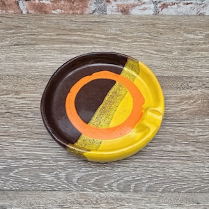 Vintage Italian Mondrian Style Ceramic Ashtray | 1960s Mid Century Catchall Dish | Textured Orange Yellow Brown | Marked Italy AS IS