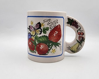 Vintage Strawberry Butterfly Mug / Cottagecore Berry Coffee Cup / Retro Fruit Pattern Kitchen Decor