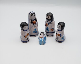 Vintage Mexican Pottery Nativity Scene, Tonala 5pc Hand Painted Ceramic Figures, Christmas Holiday Folk Art, Mexican Christmas Decor