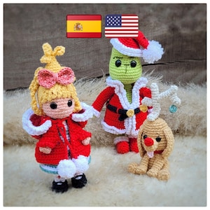 ES/ENG - PDF amigurumi pattern  - “Merry GrinchMas” (El Grinch, Max y Cindy Lou Quien). Merry GrinchMas Bundle, crochet pattern