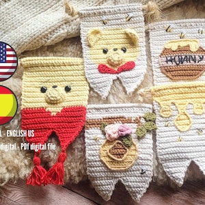 May include: A set of five crocheted Winnie the Pooh themed bunting flags. The flags feature Winnie the Pooh, a honey pot, and honey dripping from a honeycomb. The flags are made in a beige and yellow color scheme with red accents.