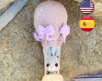 ES/ENG - PDF-mönster Amigurumi luftballong med minikanin – Virkad barndekoration - Romantisk stil - Vintage