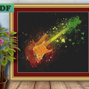 May include: A digital painting of an electric guitar with a yellow body and a black pickguard. The guitar is surrounded by colourful paint splatters, creating a dynamic and energetic composition.