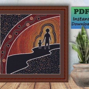 ABORIGINAL Family Counted Cross Stitch PDF Pattern, Australia Dot Art Instant Digital Download, X Stitch Needlework,  Indigenous Home Decor