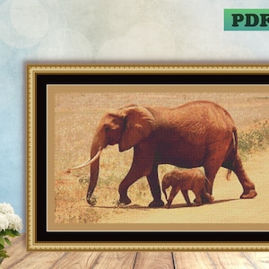 ELEPHANT Mother and Baby Counted Cross Stitch PDF Pattern Instant Digital Download X Stitch Needlework Wall Art Home Decor Brown African