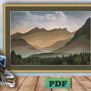 Clouds Misty MOUNTAINS Landscapes Trees Counted Cross Stitch PDF Pattern Instant Digital Download X Stitch Needlework Wall Art Home Decor
