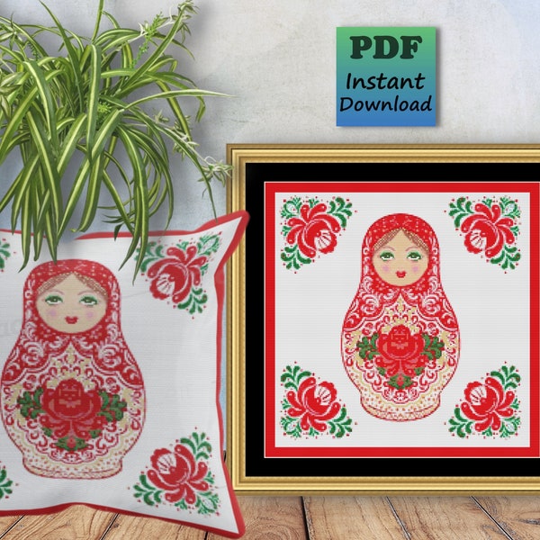 Russian NESTING DOLL Counted Cross Stitch PDF Pattern, Babushka, Matryoshka, Instant Digital Download, X Stitch Needlework Chart, Wall Art